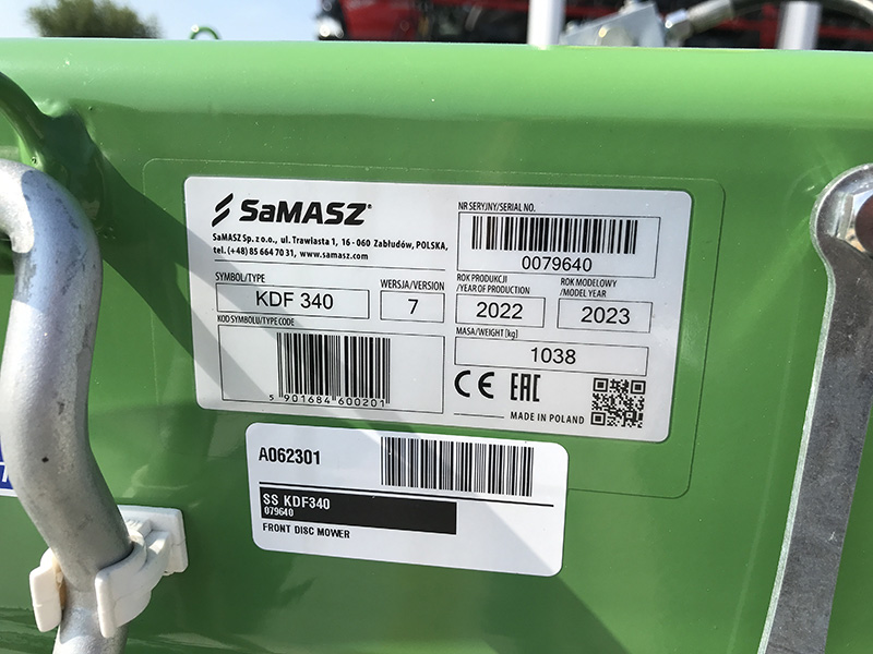 2024 SAMASZ KDF 340 FRONT MOUNT DISC MOWER